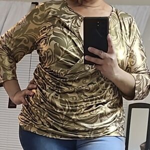 INC International Concepts Gold and Black Draped Blouse